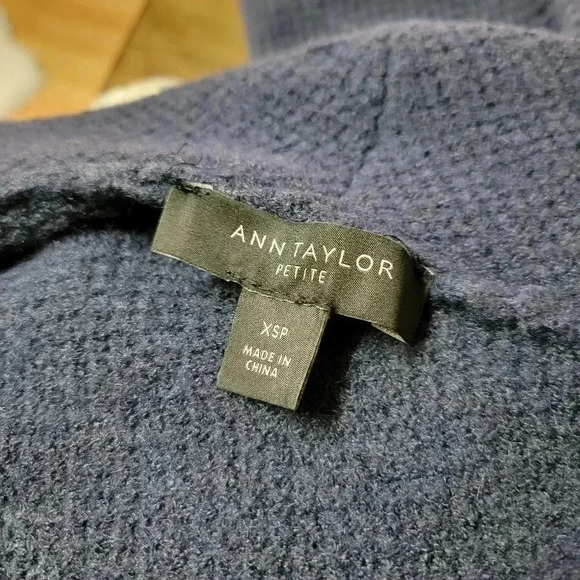 Ann Taylor Striped Trim Cascade Cardigan Navy Blue Camel Size XS Petite - Picture 2 of 5